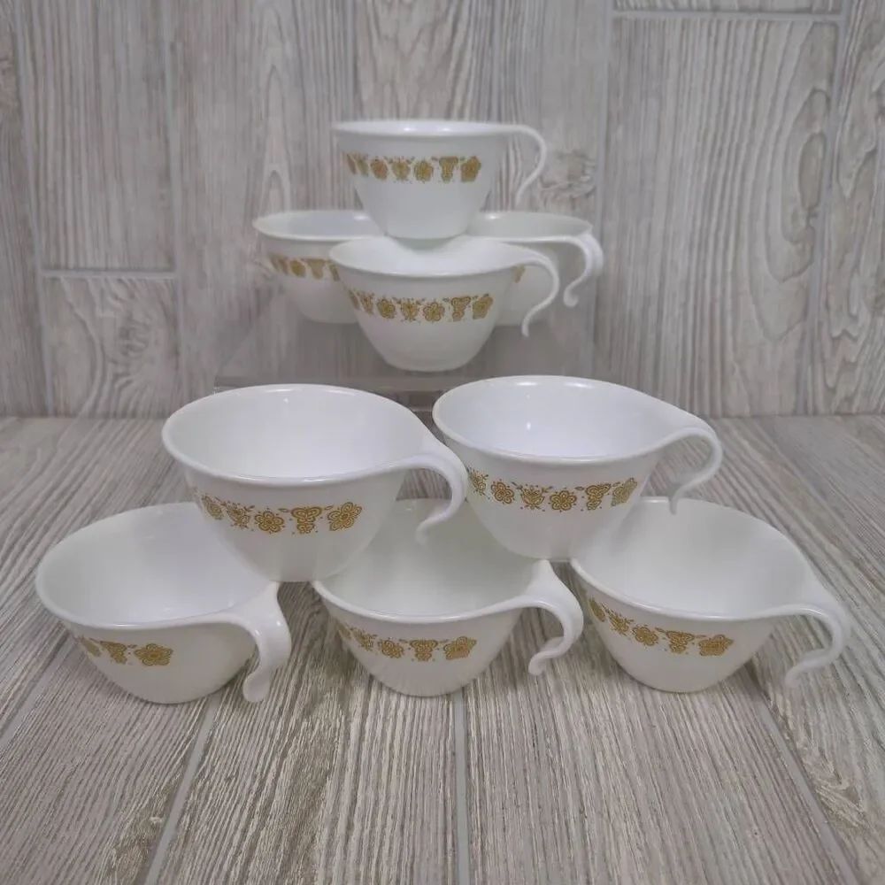 Set of 9 Vintage Corelle Butterfly Gold Flat Cups with Hook Handle Discontinued